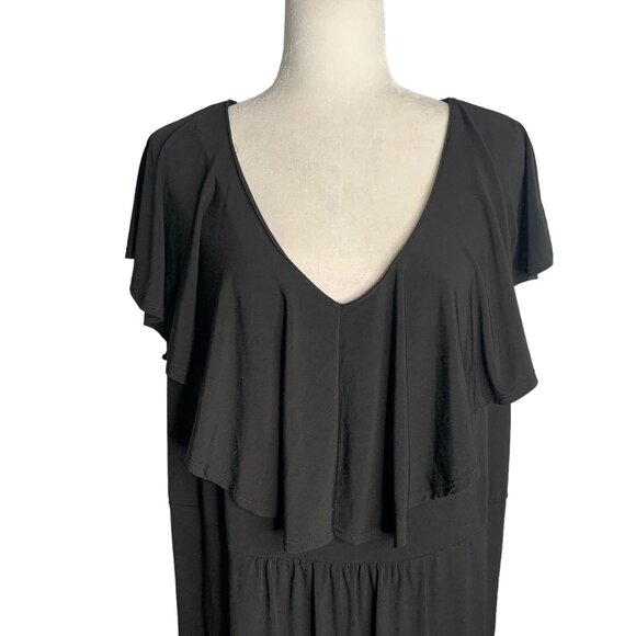 Sleeveless Ruffle Sheath Dress 18/20 Black Elastic Waist V Neck Stretch Knit - Picture 2 of 6